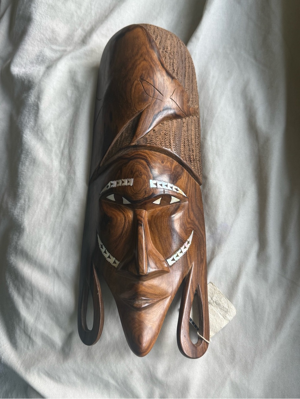 Vintage Fijian Matavulo Mask Nawanawa Sacred Wood Mother-of-Pearl Inlay 16”